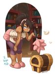  apron bare_shoulders black_hair blue_eyes breasts capri_pants dark_skin dofus duster hairband hand_on_own_knee horns large_breasts library long_hair looking_at_viewer maid nestkeeper osamodas pants pointy_ears ponytail simone_(dofus) slippers solo treasure_chest 