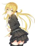  bad_id bad_pixiv_id belt black_legwear black_skirt blonde_hair blush cowboy_shot floating_hair kantai_collection layered_skirt long_hair long_sleeves looking_at_viewer low_twintails neckerchief pleated_skirt ro-ichi sailor_collar satsuki_(kantai_collection) school_uniform serafuku simple_background skirt smile solo thighhighs twintails white_background white_neckwear yellow_eyes zettai_ryouiki 