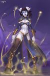  areola_slip areolae black_hair blue_eyes dr_graevling draenei glowing glowing_eyes groin highres hooves monara navel no_panties pelvic_curtain pointy_ears purple_skin short_hair solo thighhighs warcraft 