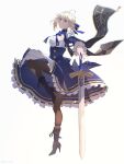  1girl absurdres ahoge artoria_pendragon_(fate) black_pantyhose blonde_hair breasts fate/grand_order fate/stay_night fate_(series) floating_clothes floating_hair frills high_heels highres holding holding_sword holding_weapon honkai:_star_rail honkai_(series) kmconceptart looking_at_viewer medium_breasts pantyhose saber_(fate) saber_(honkai:_star_rail)_(fate) simple_background solo sword weapon white_background 
