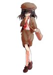  1girl alphes_(style) bag beret black_hair brown_hat brown_jacket brown_shoes brown_shorts collared_shirt commentary_request crossed_legs dairi forbidden_scrollery full_body hair_between_eyes hand_up handbag hat jacket kneehighs large_variant_set long_hair necktie open_clothes open_jacket parody pointy_ears red_necktie shaded_face shameimaru_aya shameimaru_aya_(newsboy) shirt shoelaces shoes shorts socks solo standing style_parody tachi-e touhou transparent_background variant_set white_shirt white_socks 