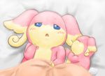  audino bed big_ears blue_eyes blush half-closed_eyes jgdadgj looking_at_viewer lying nibbling nintendo on_back open_mouth pok&eacute;mon sheets traditional_media video_games young 