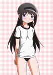  akemi_homura black_hair blush buruma cadsensei checkered checkered_background gym_uniform hairband highres long_hair looking_at_viewer mahou_shoujo_madoka_magica purple_eyes smile solo 