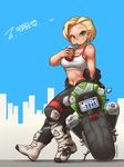  biker_clothes blonde_hair blush bodysuit boots breasts drink drinking drinking_straw green_eyes ground_vehicle hot large_breasts midriff motor_vehicle motorcycle navel nestkeeper off_shoulder original short_hair solo sports_bra sweat unzipped 