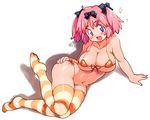  1girl ass bikini blue_eyes blush_stickers bow breasts cleavage curvy hair_bow hand_on_ass hibari_(senran_kagura) large_breasts lying micro_bikini navel open_mouth pink_hair senran_kagura senran_kagura_shoujo-tachi_no_shin'ei short_hair short_twintails skindentation smile solo striped striped_legwear swimsuit thighhighs twintails underboob yu_3 