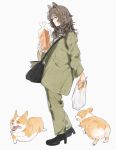  1girl animal_ears bag baguette black_shoes blush bread brown_eyes brown_hair closed_mouth commentary dog dog_ears food from_side full_body green_jacket green_pants grocery_bag high_heels highres holding holding_food jacket long_hair long_sleeves original pan-chan_(takaya_riku) pants shoes shopping_bag shoulder_bag simple_background solo standing symbol-only_commentary takaya_riku white_background 