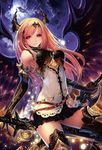  armor black_wings blonde_hair breasts dark_angel_olivia horns light_particles long_hair medium_breasts pleated_skirt red_eyes shingeki_no_bahamut skirt solo sword tachikawa_mushimaro weapon wings 