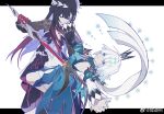  2girls bare_shoulders black_hair blue_dress blue_eyes cerydra_(honkai:_star_rail) closed_mouth crown dress gloves hair_ornament highres holding holding_sword holding_weapon honkai:_star_rail honkai_(series) hysilens_(honkai:_star_rail) long_hair looking_at_viewer multicolored_hair multiple_girls red_gloves red_hair short_hair snowflakes sword watermark weapon weibo_username weibo_watermark white_hair yuyouxing 