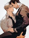  2boys avengers_(series) black_jacket black_necktie black_pants blonde_hair blue_eyes brown_hair closed_eyes closed_mouth collared_shirt english_commentary facial_hair formal_clothes grabbing_another's_ass groping half-closed_eyes highres jacket lapels lips long_sleeves looking_at_another male_focus malkogromit marvel multiple_boys necktie pants shirt short_hair simple_background sitting sitting_on_person steve_rogers suit suit_jacket teeth tony_stark watch white_background white_shirt wristwatch 