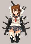  anchor_symbol arms_behind_head arms_up bad_id bad_pixiv_id black_legwear blush brown_eyes brown_hair folded_ponytail grey_skirt inazuma_(kantai_collection) kantai_collection long_sleeves looking_at_viewer machinery neckerchief pleated_skirt reitsuki_kazuma sailor_collar school_uniform serafuku skirt solo tears thighhighs torn_clothes torn_legwear torn_skirt wavy_mouth 