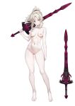  1girl absurdres alternate_eye_color alternate_hair_color alternate_skin_color bags_under_eyes barefoot blonde_hair braid breasts clarent_(fate) closed_mouth commission commissioner_upload completely_nude expressionless fate_(series) half_up_braid highres holding holding_sword holding_weapon looking_at_viewer medium_hair mordred_(fate) nabunabu nipples nude over_shoulder pale_skin ponytail pussy small_breasts solo standing stomach sword sword_over_shoulder thigh_gap thighs toned toned_female weapon weapon_over_shoulder white_background yellow_eyes 