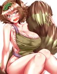  animal_ears apron arm_support blush breasts brown_eyes brown_hair collarbone covered_nipples futatsuiwa_mamizou glasses head_tilt highres huge_breasts knees_together_feet_apart leaf leaf_on_head looking_at_viewer naked_apron off_shoulder open_mouth pince-nez raccoon_ears raccoon_tail seductive_smile sideboob simple_background sitting smile solo tail touhou white_background zan_(harukahime) 