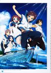  3boys absurdres black_hair blue_eyes blue_hair boat brown_eyes brown_hair dress highres hiradaira_chisaki isaki_kaname jumping kihara_tsumugu lighthouse long_hair mukaido_manaka multiple_boys multiple_girls nagi_no_asukara official_art sailor_collar sailor_dress sakishima_hikari school_uniform serafuku short_hair side_ponytail watercraft 