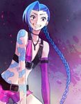  1girl blue_hair braid crazy_eyes female hairline jinx_(league_of_legends) league_of_legends long_hair mizoreame pink_eyes shorts smile solo tattoo twin_braids 