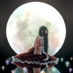  black_background black_hair bow frilled_skirt frills full_moon hand_on_lap hime_cut houraisan_kaguya japanese_clothes long_hair long_sleeves marble mokoiscat moon profile reflection reflective_floor sitting skirt solo touhou very_long_hair yokozuwari 