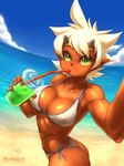  abs ass beach bikini breasts cleavage covered_nipples dark_skin day drink freckles gabi_the_dokkaebi green_eyes large_breasts melon_soda muscle nestkeeper ocean original reaching_out self_shot side-tie_bikini solo strap_gap swimsuit thong_bikini underboob white_hair 