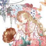  1girl absurdres aroma_of_love_letter_(miracle_nikki) blonde_hair blue_flower bonnet bow bowtie bug butterfly butterfly_on_hand cheryl_qaq chinese_commentary closed_eyes commentary_request dress eyelashes floral_print flower forget-me-not_(flower) frilled_sleeves frilled_wrist_cuffs frills hand_on_own_cheek hand_on_own_face happy hat hat_flower head_tilt hexagram highres light_blush long_hair long_sleeves miracle_nikki nail_polish nikki_(series) partial_commentary peony_(flower) phonograph pink_bonnet pink_bow pink_bowtie pink_flower pink_nails pink_wrist_cuffs puffy_long_sleeves puffy_sleeves purple_flower sidelocks signature simple_background sleeve_bow solo star_of_david three-quarter_sleeves upper_body very_long_hair wavy_hair white_background white_dress white_flower wisteria wrist_cuffs yellow_butterfly 