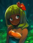  amalia_sheran_sharm bare_shoulders breasts cleavage dappled_sunlight dark_skin deviantart_sample downscaled flower green_eyes hair_flower hair_ornament image_sample long_hair md5_mismatch medium_breasts resized sadida smile solo sunlight wakfu xavier_houssin 