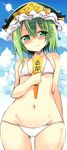  artist_name bare_shoulders bikini blush body_blush breasts day green_eyes green_hair groin hair_between_eyes hat highres hips maturiuta_sorato navel shiki_eiki short_hair small_breasts solo string_bikini swimsuit touhou twitter_username white_bikini wide_hips 