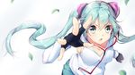  earbuds earphones fingerless_gloves floating_hair gloves green_eyes green_hair hatsune_miku leaf long_hair open_mouth solo twintails very_long_hair vocaloid yappen 