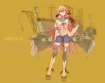  akashi_(kantai_collection) black_legwear blush clog_sandals commentary_request copyright_name custom_(cus-tom) hand_on_hip kantai_collection long_hair machinery one_eye_closed pink_hair school_uniform serafuku sketch skirt smile solo thighhighs very_long_hair yellow_background 