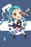  1girl amiemie blue_hair boots braid chibi gloves hairline jinx_(league_of_legends) league_of_legends pink_eyes tattoo thighhighs twin_braids weapon 