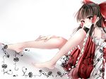  arm_support bad_feet bare_shoulders barefoot bow brown_hair detached_sleeves dress error flower frilled_sleeves frills from_side hair_bow hair_ribbon hair_tubes hakurei_reimu long_hair ookamisama parted_lips red_dress red_eyes ribbon sitting solo touhou wide_sleeves 