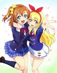  2girls aikatsu! blonde_hair blue_eyes crossover hoshimiya_ichigo kousaka_honoka looking_at_viewer love_live!_school_idol_project multiple_girls open_mouth orange_hair red_eyes school_uniform skirt smile uniform wantacchi 