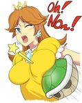  blue_eyes breast_press breasts brown_hair crown dress earrings flower_earrings highres jewelry large_breasts long_hair mario_(series) mario_kart non-web_source open_mouth princess_daisy solo super_mario_bros. tears turtle_shell yellow_dress yuguraniru 