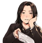  1boy black_hair black_jacket blurry brown_eyes coincoinco curtained_hair depth_of_field expressionless gakuran hand_up head_on_hand holding holding_paper ibu_shinji jacket light_blush long_sleeves male_focus medium_hair paper parted_hair parted_lips school_uniform simple_background solo tennis_no_ouji-sama upper_body white_background 
