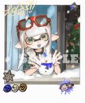  1girl :d black_shirt commentary eyewear_on_head grey_tongue heavy_edit_splatling_(splatoon) highres inkling inkling_girl inkling_player_character long_hair miko_(15476997) open_hands open_mouth pointy_ears red-framed_eyewear sample_watermark shirt short_sleeves smile snowman solo splatoon_(series) sunglasses sweater_vest symbol-only_commentary tentacle_hair watermark white_hair white_sweater_vest yellow_eyes 
