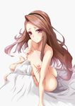  ass barefoot blush breasts brown_hair collarbone convenient_censoring hand_on_own_chest headband idolmaster idolmaster_(classic) legs long_hair looking_at_viewer minase_iori nipples nude on_bed pink_eyes ribs ridai sitting sitting_on_bed small_breasts smile solo very_long_hair 