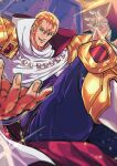  1boy absurdres armor blonde_hair blurry cape commentary_request depth_of_field gold_armor gold_greaves greaves highres hokuto_no_ken looking_at_viewer male_focus open_hand open_mouth otyumamii pants pauldrons purple_pants purple_shirt reaching reaching_towards_viewer red_armor red_cape shirt short_hair shoulder_armor sitting sitting_on_throne smirk solo souther sparkle thick_eyebrows throne two-sided_cape two-sided_fabric white_cape 