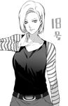  android_18 belt character_name collarbone denim denim_skirt dragon_ball dragon_ball_z earrings eyelashes greyscale hand_on_neck hand_on_own_neck highres irohara_mitabi jewelry lips monochrome parted_lips short_hair simple_background skirt solo striped text_focus white_background 