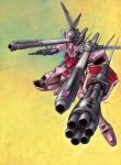  beam_cannon beam_rifle blue_eyes energy_gun foreshortening gatling_gun glowing glowing_eyes gradient_background green_background gun gundam gundam_seed holding holding_gun holding_weapon mecha mecha_focus mobile_suit nakamura_jun'ichi no_humans robot science_fiction shoulder_cannon signature solo strike_rouge strike_rouge_iwsp v-fin weapon yellow_background 