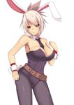  alternate_costume animal_ears arm_at_side bad_id bad_pixiv_id battle_bunny_riven black_legwear breasts bunny_ears bunny_tail bunnysuit cleavage cosplay covered_nipples eyes_visible_through_hair hair_up large_breasts league_of_legends looking_at_viewer necktie nipples off_shoulder pantyhose parted_lips red_eyes riven_(league_of_legends) solo tail vococo white_hair 