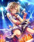  &gt;_&lt; audience brown_hair closed_eyes fingerless_gloves gloves glowstick grin headphones idolmaster idolmaster_cinderella_girls microphone official_art smile solo stage stage_lights tada_riina 