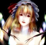  bad_id bad_pixiv_id bare_shoulders black_background blonde_hair eyelashes flandre_scarlet futatsuki_tsubaki glowing glowing_wings hat hat_ribbon lips long_hair mob_cap nose open_mouth portrait red_eyes ribbon side_ponytail simple_background smile solo teeth touhou wings 