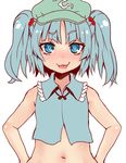  :3 bad_id bad_pixiv_id bare_shoulders blue_eyes blue_hair cabbie_hat crop_top dress hair_bobbles hair_ornament hat kawashiro_nitori looking_at_viewer navel open_mouth short_hair short_twintails sleeveless smile solo touhou twintails two_side_up upper_body yukinojou_yakan 