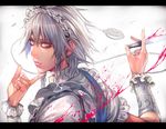  apron blood bloody_knife bloody_weapon braid chain eyelashes finger_to_chin fingernails frilled_apron frilled_sleeves frills grey_hair highres holding holding_knife holding_weapon irohara_mitabi izayoi_sakuya knife letterboxed lips looking_back maid_apron maid_headdress pink_eyes plant pocket_watch puffy_short_sleeves puffy_sleeves short_hair short_sleeves solo text_focus thorns touhou twin_braids upper_body vines watch weapon wrist_cuffs 