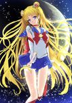  back_bow bad_id bad_pixiv_id bishoujo_senshi_sailor_moon bishoujo_senshi_sailor_moon_crystal blonde_hair blue_eyes blue_sailor_collar blue_skirt bow choker crescent_moon elbow_gloves gloves holding holding_wand impossible_clothes leg_up light_particles long_hair looking_at_viewer miniskirt moon pleated_skirt red_bow red_choker sailor_collar sailor_moon sailor_senshi_uniform school_uniform serafuku short_sleeves sketch skirt smile solo standing toshi_(1-147) tsukino_usagi twintails very_long_hair wand white_gloves 