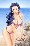  beach bikini blue_hair breasts day earrings garuko genderswap genderswap_(mtf) green_eyes jewelry jojo_no_kimyou_na_bouken kuujou_joutarou large_breasts long_hair nail_polish solo star star_earrings swimsuit 