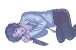  1boy :d belt black_pants blue_hair collarbone collared_shirt curtained_hair dress_shirt feet_out_of_frame fingernails green_necktie highres holding holding_knife interlocked_fingers knife long_sleeves loose_necktie lying male_focus necktie negative_space on_side open_mouth own_hands_clasped own_hands_together pants parted_hair partially_unbuttoned raised_eyebrows redrawn ryo_1293 school_uniform shirt shirt_tucked_in simple_background smile solo tareme tennis_no_ouji-sama white_background white_shirt yukimura_seiichi 