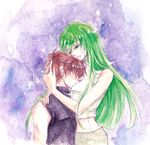  1girl brown_hair c.c. closed_eyes code_geass couple daijond green_hair hetero hug kururugi_suzaku long_hair 