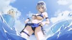  1girl absurdres arm_belt ass_visible_through_thighs ball beachball belt bikini bikini_skirt blue-tinted_eyewear blue_belt blue_bikini blue_skirt blue_sky breasts bubble closed_mouth clothes_lift cloud cowboy_shot dan&#039;in-san_(shirogane_noel) eyewear_on_head from_below front-tie_bikini_top front-tie_top grey_hair hamster highleg highleg_bikini highres hololive innertube joko_art large_breasts lifting_own_clothes looking_at_viewer multicolored_bikini navel ocean official_alternate_costume outdoors pleated_skirt shirogane_noel shirogane_noel_(summer_2020) short_hair skindentation skirt skirt_lift sky smile solo sparkle standing sunglasses swim_ring swimsuit thigh_strap tinted_eyewear two-tone_bikini virtual_youtuber wading water water_drop wet white_bikini 