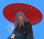  1boy absurdres black_kimono blue_background blue_eyes blue_sky bluesky_username closed_mouth falling_petals grey_eyes heterochromia highres holding holding_umbrella japanese_clothes jujutsu_kaisen kimono long_hair mahii_mahii mahito_(jujutsu_kaisen) male_focus oil-paper_umbrella petals red_umbrella sky solo stitched_face stitched_neck stitches twitter_username umbrella upper_body watermark 