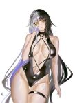  1girl black_hair black_one-piece_swimsuit blue_hair breasts colored_inner_hair english_commentary grey_hair highleg highleg_one-piece_swimsuit highres hololive hololive_english huge_breasts long_hair looking_at_viewer multicolored_hair navel one-piece_swimsuit s7nsles shiori_novella simple_background split-color_hair swimsuit thigh_strap very_long_hair virtual_youtuber white_background yellow_eyes 