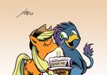 2014 applejack_(mlp) avian blush cake equine female feral food friendship_is_magic gryphon horse kissing lovelyneckbeard male mammal my_little_pony original_character pony 