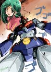  1girl breasts choudenji_robo_combattler_v combattler_v_(robot) glowing glowing_eyes green_eyes green_hair highres inoue_sora long_hair looking_at_viewer mecha mecha_pilot_suit nanbara_chizuru robot science_fiction smile super_robot yellow_eyes 