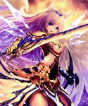  absurdres animal_ears armor armored_dress blue_eyes dual_wielding gauntlets highres holding long_hair looking_at_viewer multicolored_hair pauldrons pink_hair purple_hair scan shingeki_no_bahamut solo sword tachikawa_mushimaro tiara two-tone_hair very_long_hair weapon wings 